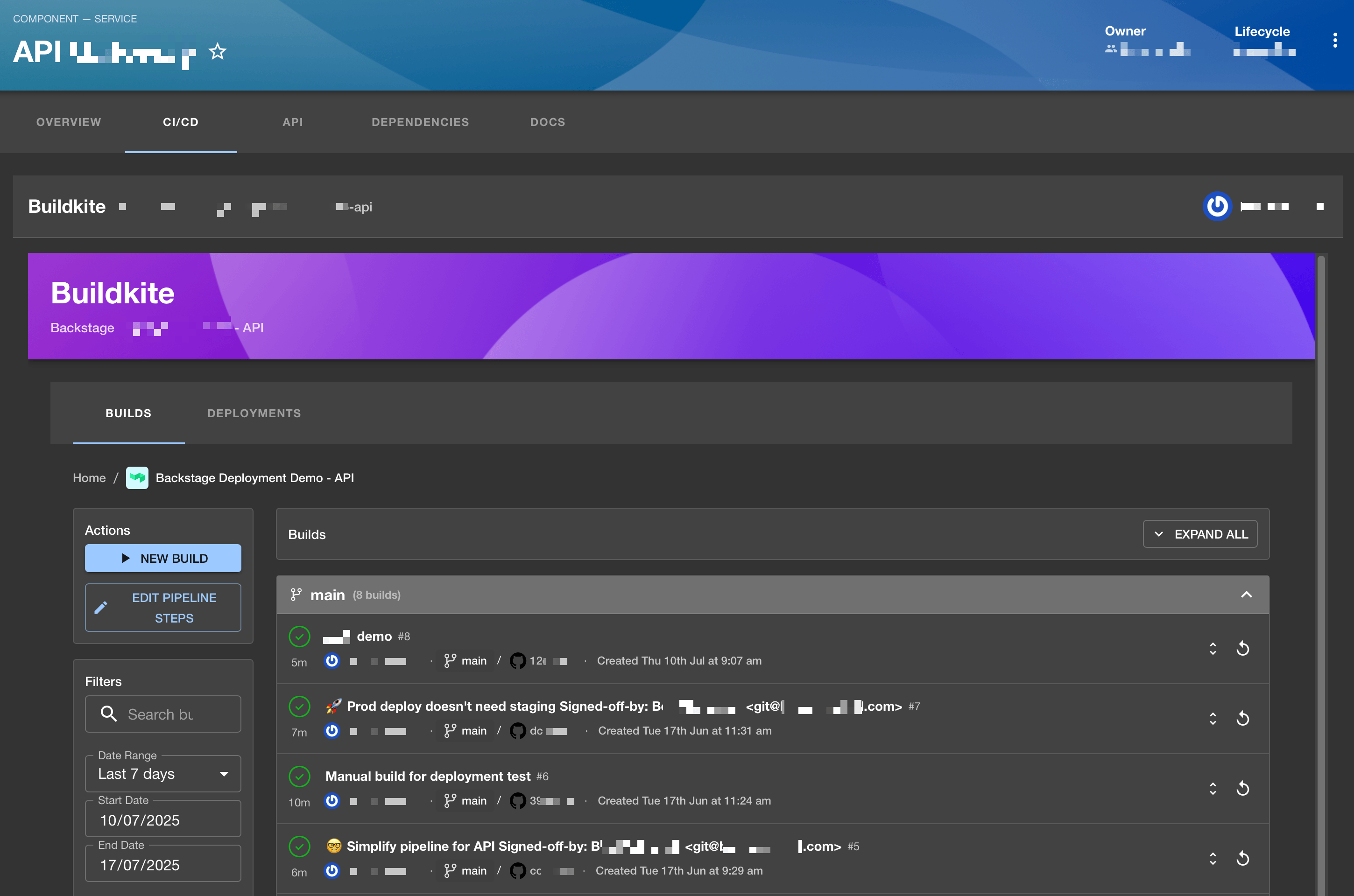 A Buildkite pipeline in Backstage UI