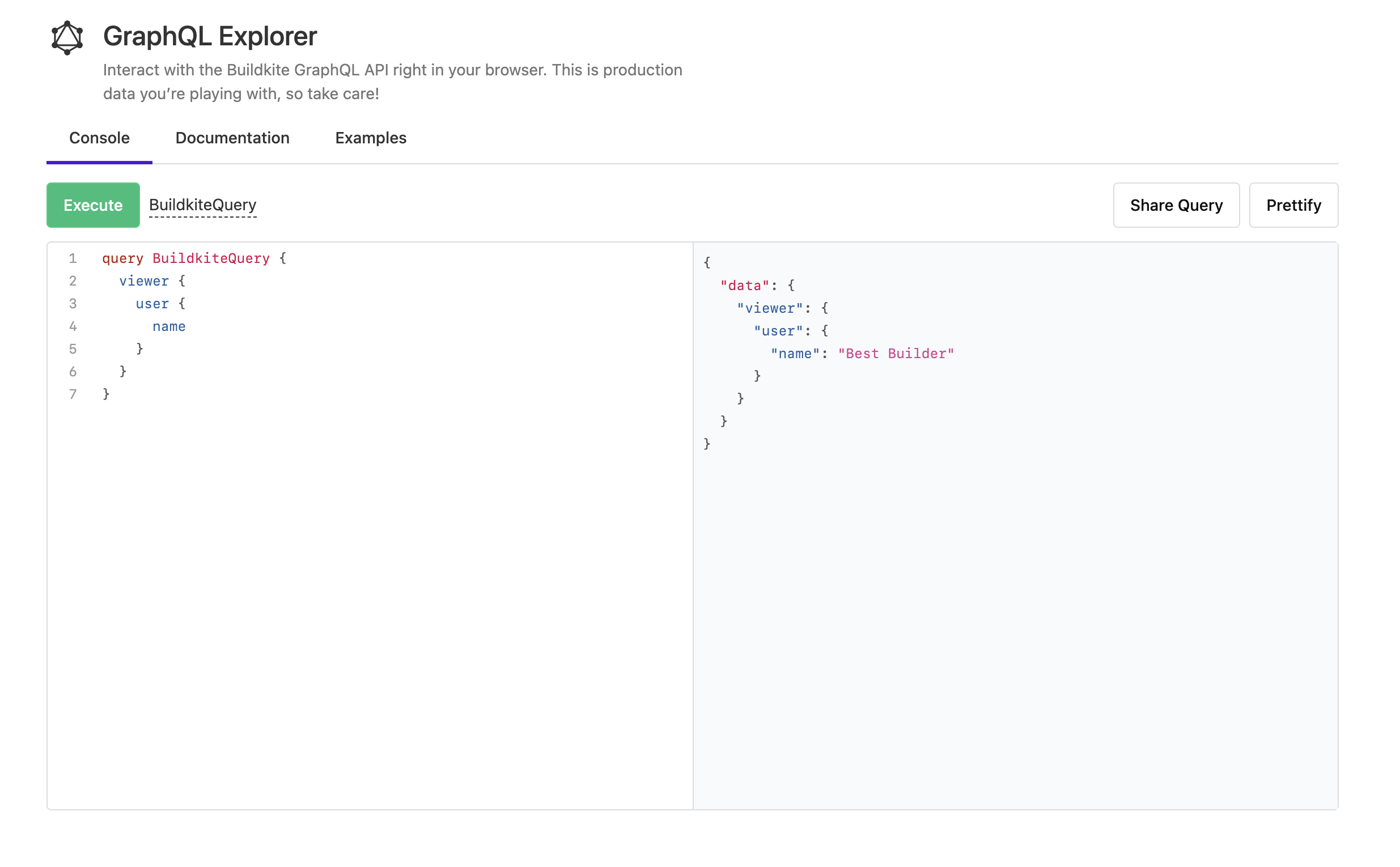 Screenshot of the GraphQL Console on Buildkite