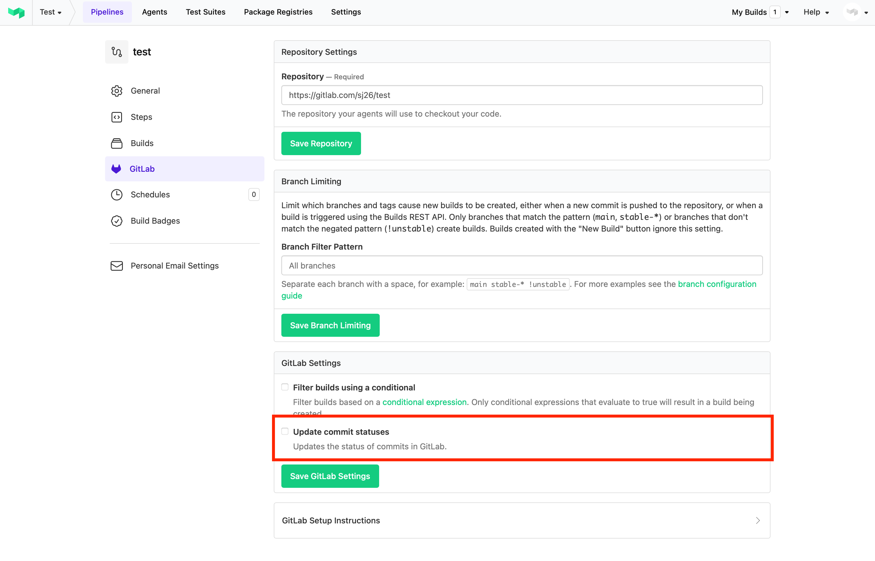 Screen of Buildkite User Connected Apps with GitLab.com connected