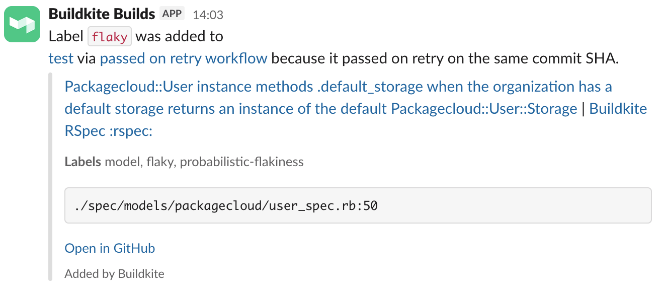 Screenshot showing the Slack notification generated by the Slack workflow action