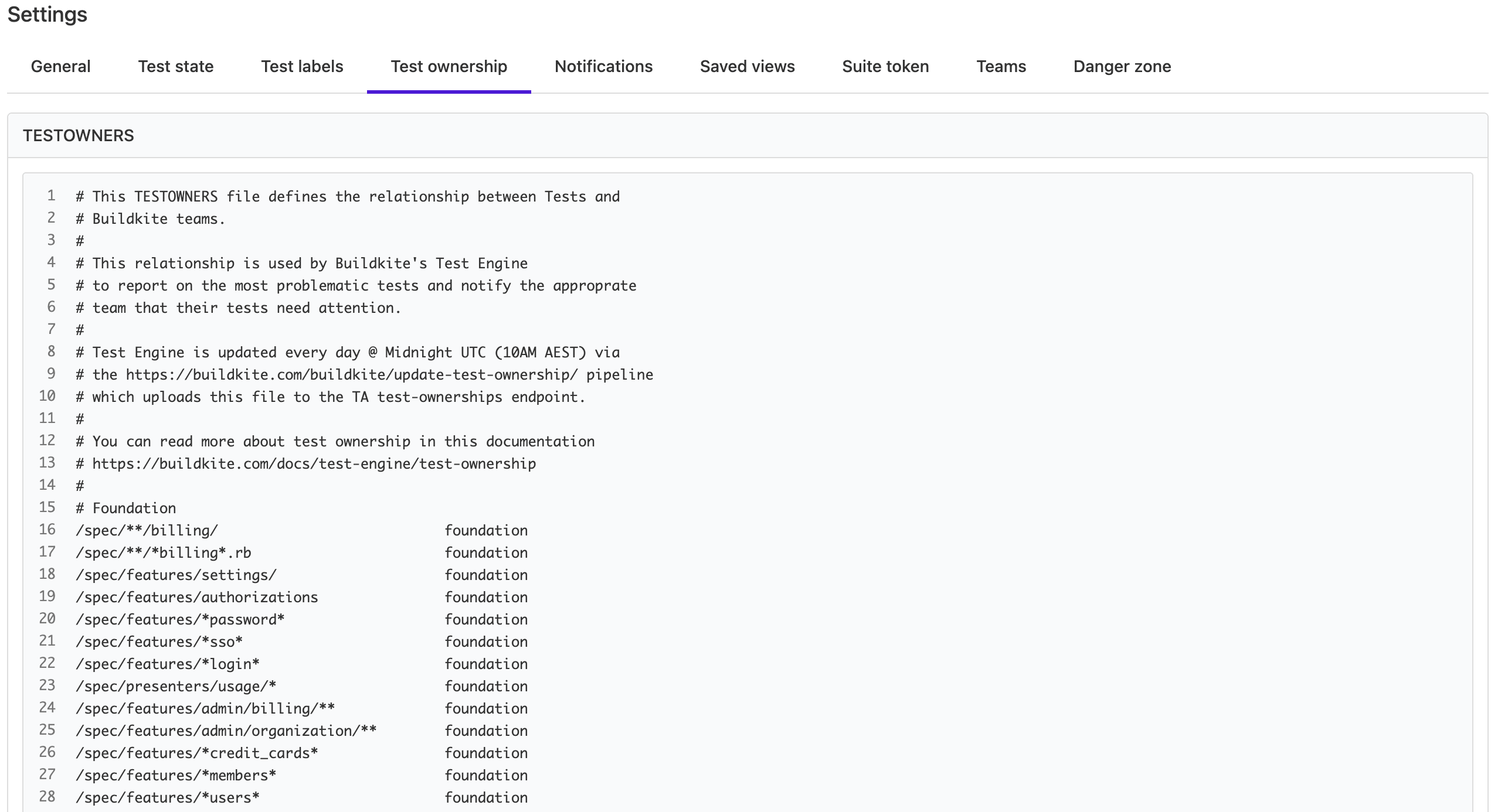 Suite settings page showing test ownership